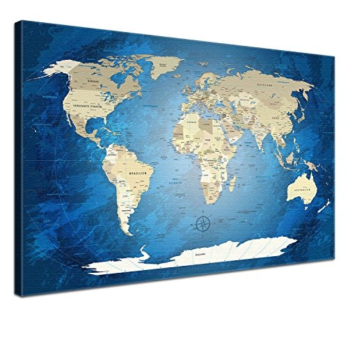 LANA KK - Weltkarte Leinwandbild mit Korkrückwand zum pinnen der Reiseziele - "World Map Blue Ocean" - deutsch - Kunstdruck-Pinnwand Globus in blau, einteilig & fertig gerahmt in 120x80cm