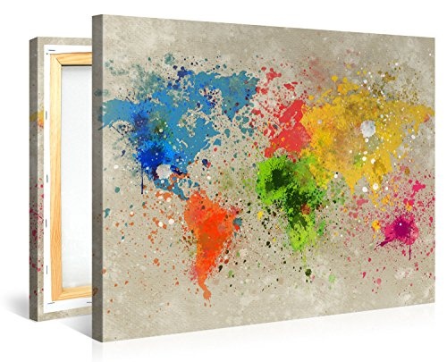Gallery of Innovative Art Premium Leinwanddruck 100x75cm - Weltkarte Aquarell Explosion - Kunstdruck auf Leinwand auf 2 cm Holz-Keilrahmen für Schlaf- Und Wohnzimmer