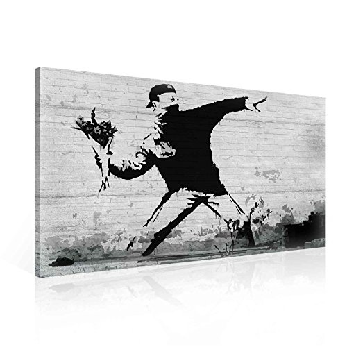 Banksy Rage Flower Thrower Leinwand Bilder (PP2085O1FW) - Wallsticker Warehouse - Size O1 - 100cm x 75cm - 230g/m2 Canvas - 1 Piece