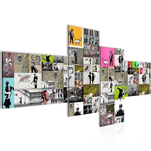 Bilder Collage Banksy Street Art Wandbild 200 x 100 cm Vlies - Leinwand Bild XXL Format Wandbilder Wohnzimmer Wohnung Deko Kunstdrucke Bunt 4 Teilig - MADE IN GERMANY - Fertig zum Aufhängen 302741a