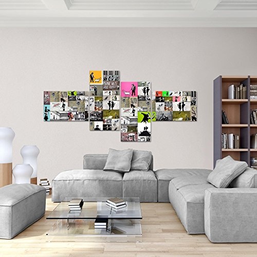 Bilder Collage Banksy Street Art Wandbild 200 x 100 cm Vlies - Leinwand Bild XXL Format Wandbilder Wohnzimmer Wohnung Deko Kunstdrucke Bunt 4 Teilig - MADE IN GERMANY - Fertig zum Aufhängen 302741a