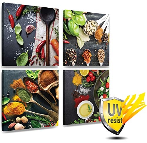 MOISHO Original Leinwandbild für die Küche - Gewürze Paprika Chilli in Feurigen Farben, fertig Aufgespannt auf XXL Wall Art Leinwand Mehrteiliges Bild zum Aufhängen Druck auf 4 x 30 cm x 30 cm
