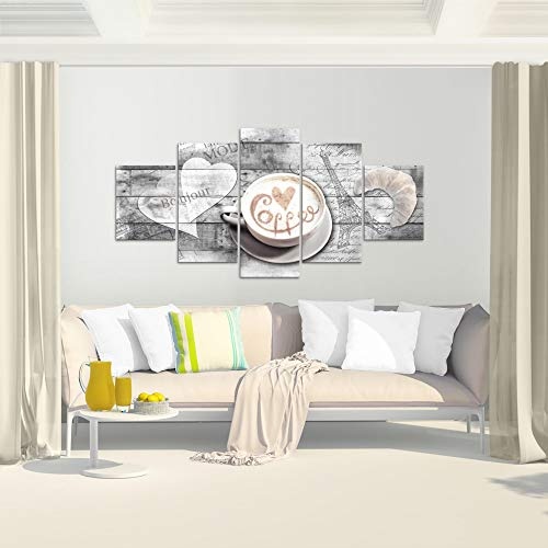 Bilder Kaffee Küche Wandbild 200 x 100 cm Vlies - Leinwand Bild XXL Format Wandbilder Wohnzimmer Wohnung Deko Kunstdrucke Grau 5 Teilig - MADE IN GERMANY - Fertig zum Aufhängen 012851c