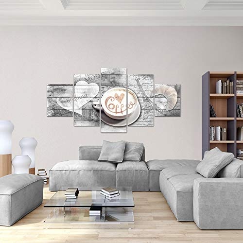 Bilder Kaffee Küche Wandbild 200 x 100 cm Vlies - Leinwand Bild XXL Format Wandbilder Wohnzimmer Wohnung Deko Kunstdrucke Grau 5 Teilig - MADE IN GERMANY - Fertig zum Aufhängen 012851c