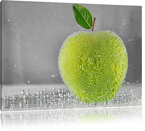 Apfel in Wasser grüner Apfel Obst Früchte Format: 60x40 cm auf Leinwand, XXL riesige Bilder fertig gerahmt mit Keilrahmen, Kunstdruck auf Wandbild mit Rahmen, günstiger als Gemälde oder Ölbild, kein Poster oder Plakat