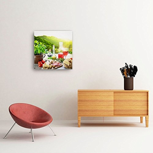 Küchen Bild B350, 1 Teil 50x50cm Leinwand auf Holzrahmen aufgespannt, FineArt Print, UV-stabil und wasserfest, Kunstdruck für Büro oder Wohnzimmer, Deko Bild, mediterranes Frühstück