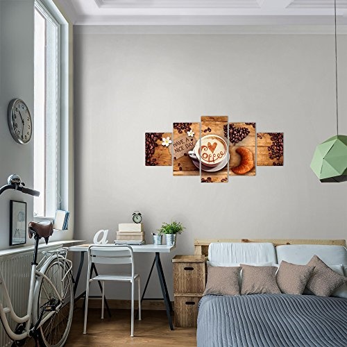 Bilder Kaffee Coffee Wandbild 100 x 50 cm Vlies - Leinwand Bild XXL Format Wandbilder Wohnzimmer Wohnung Deko Kunstdrucke Braun 5 Teilig - Made IN Germany - Fertig zum Aufhängen 501252a
