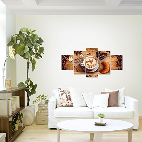 Bilder Kaffee Coffee Wandbild 100 x 50 cm Vlies - Leinwand Bild XXL Format Wandbilder Wohnzimmer Wohnung Deko Kunstdrucke Braun 5 Teilig - Made IN Germany - Fertig zum Aufhängen 501252a