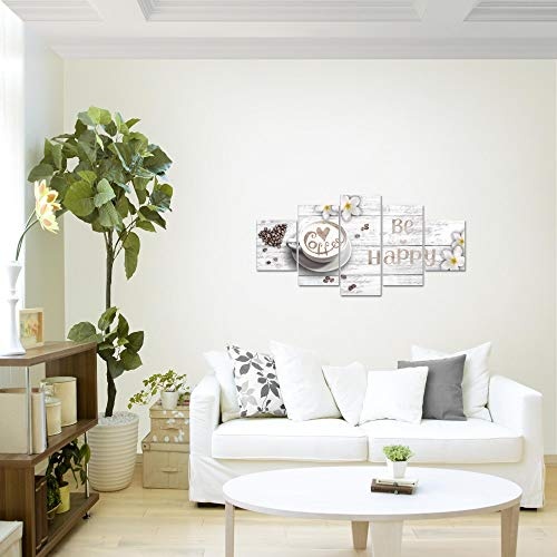 Bilder Küche Kaffee Wandbild 150 x 75 cm Vlies - Leinwand Bild XXL Format Wandbilder Wohnzimmer Wohnung Deko Kunstdrucke Weiß 5 Teilig - MADE IN GERMANY - Fertig zum Aufhängen 020653c