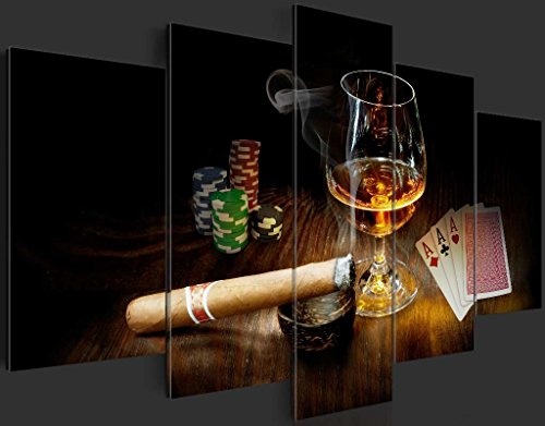 murando - Bilder 100x50 cm Vlies Leinwandbild 5 TLG Kunstdruck modern Wandbilder XXL Wanddekoration Design Wand Bild - Alkohol Zigarre Poker Whisky i-A-0101-b-n