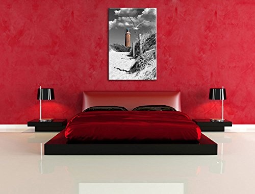 Leuchtturm mit Möwe an Strandweg schwarz/weiß Format: 80x60 auf Leinwand, XXL riesige Bilder fertig gerahmt mit Keilrahmen, Kunstdruck auf Wandbild mit Rahmen, günstiger als Gemälde oder Ölbild, kein Poster oder Plakat
