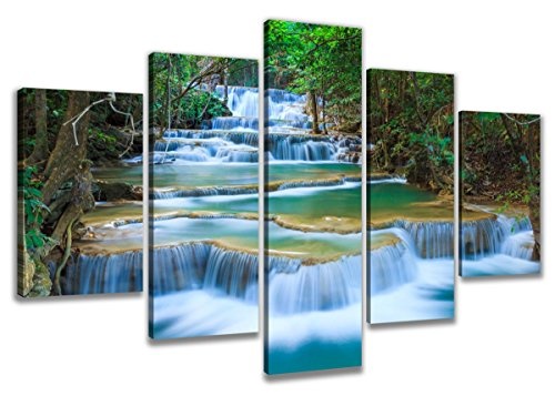 Visario 6308 Bild auf Leinwand Wasserfall Natur fertig gerahmte Bilder 5 Teile Marke original, 200 x 100 cm