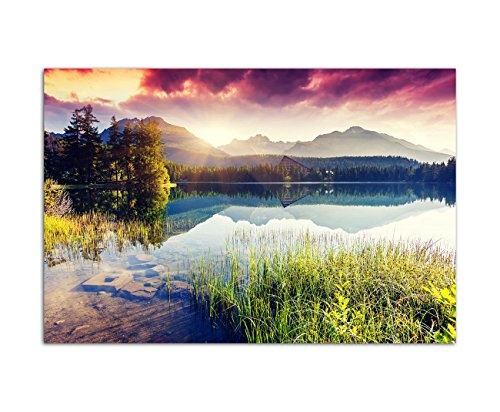 120x80cm - Fotodruck auf Leinwand und Rahmen Berge See Landschaft Natur Sonne Wolken - Leinwandbild auf Keilrahmen modern stilvoll - Bilder und Dekoration