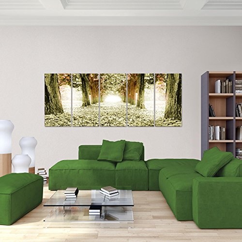 Bilder Wald Landschaft Wandbild 200 x 80 cm Vlies - Leinwand Bild XXL Format Wandbilder Wohnzimmer Wohnung Deko Kunstdrucke Grün 5 Teilig - MADE IN GERMANY - Fertig zum Aufhängen 605655c