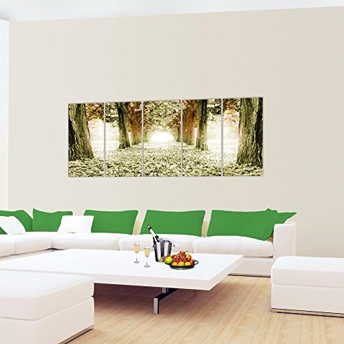 Bilder Wald Landschaft Wandbild 200 x 80 cm Vlies - Leinwand Bild XXL Format Wandbilder Wohnzimmer Wohnung Deko Kunstdrucke Grün 5 Teilig - MADE IN GERMANY - Fertig zum Aufhängen 605655c