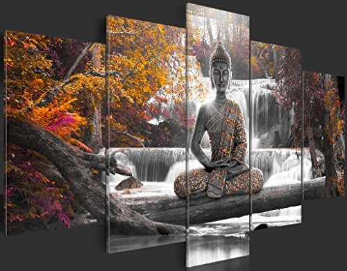 murando - Bilder 200x100 cm Vlies Leinwandbild 5 TLG Kunstdruck modern Wandbilder XXL Wanddekoration Design Wand Bild - Buddha Landschaft Natur Wasserfall Baum Wald c-A-0021-b-p