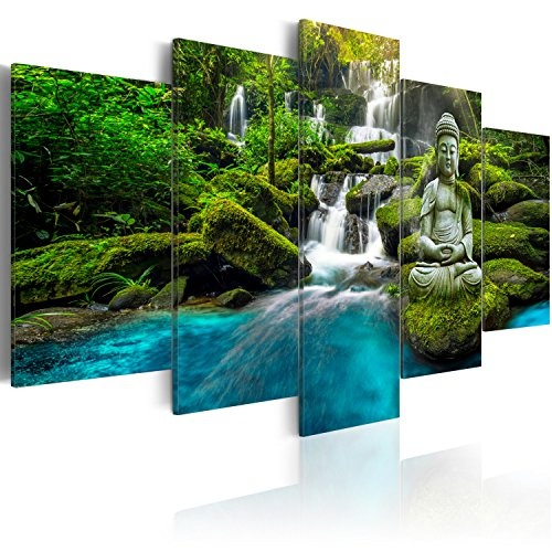 murando - Bilder 200x100 cm Vlies Leinwandbild 5 TLG Kunstdruck modern Wandbilder XXL Wanddekoration Design Wand Bild - Buddha Natur Landschaft Wasserfall c-C-0019-b-n