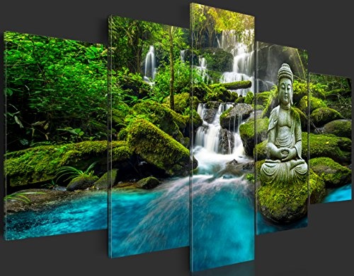 murando - Bilder 200x100 cm Vlies Leinwandbild 5 TLG Kunstdruck modern Wandbilder XXL Wanddekoration Design Wand Bild - Buddha Natur Landschaft Wasserfall c-C-0019-b-n