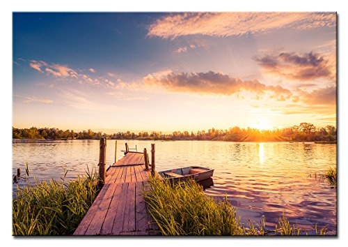 Berger Designs - Bild auf Leinwand als Kunstdruck in verschiedenen Größen. Sonnenuntergang am See. Beste Qualität aus Deutschland (120 x 80 cm (BxH))