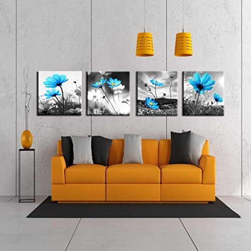 non-brand MagiDeal 4er-Set Bambus Sonnenaufgang Meditation Wandbilder Kunstdruck Leinwand Bilder für Wohnzimmer Schlafzimmer Dekor - Blaue Blume