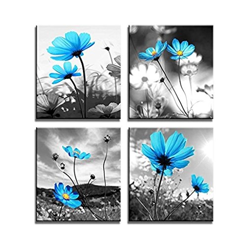 non-brand MagiDeal 4er-Set Bambus Sonnenaufgang Meditation Wandbilder Kunstdruck Leinwand Bilder für Wohnzimmer Schlafzimmer Dekor - Blaue Blume