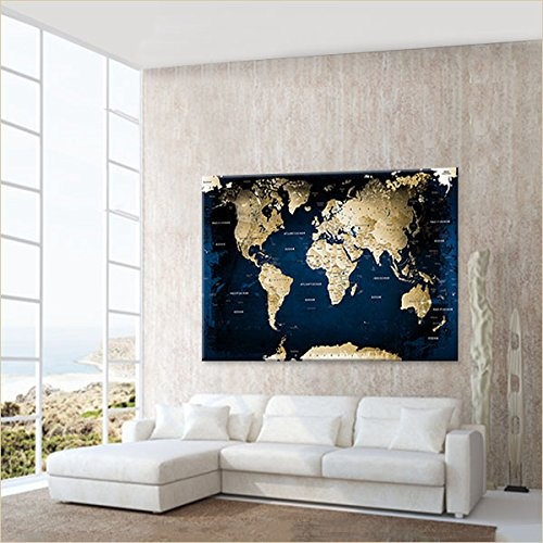 LANA KK - Weltkarte Leinwandbild mit Korkrückwand zum pinnen der Reiseziele - "Weltkarte Midnight" - deutsch - Kunstdruck-Pinnwand Globus in blau, einteilig & fertig gerahmt in 120x80cm