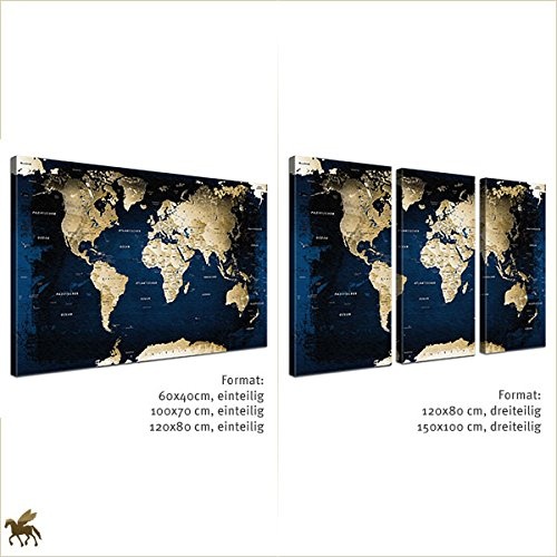 LANA KK - Weltkarte Leinwandbild mit Korkrückwand zum pinnen der Reiseziele - "Weltkarte Midnight" - deutsch - Kunstdruck-Pinnwand Globus in blau, einteilig & fertig gerahmt in 120x80cm