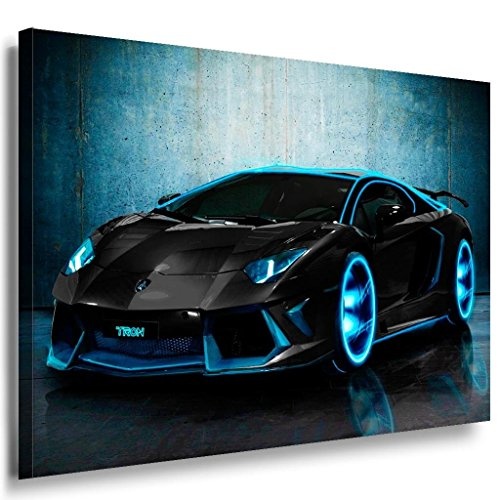 Lamborghini Blau Neon Leinwandbild / LaraArt Bilder / Leinwand Bild + Mehrfarbig + Kunstdruck XXL a17-5 Wandbild 100 x 70 cm