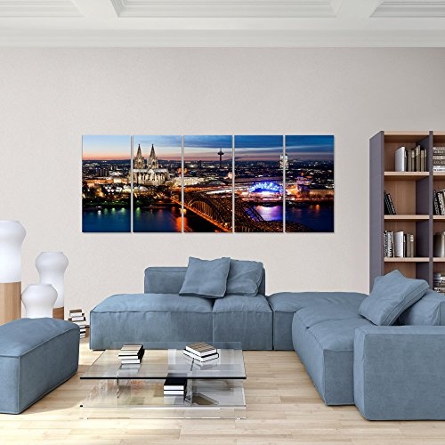 Bilder Köln Wandbild 200 x 80 cm Vlies - Leinwand Bild XXL Format Wandbilder Wohnzimmer Wohnung Deko Kunstdrucke Blau 5 Teilig - MADE IN GERMANY - Fertig zum Aufhängen 601555a