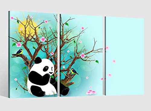Leinwandbild 3 tlg Panda Bär Kinderzimmer blau Blumen Kat2 Baum Sonne Bild Leinwand Leinwandbilder Wandbild 9AB1674, 3 tlg BxH:120x80cm (3Stk 40x 80cm)