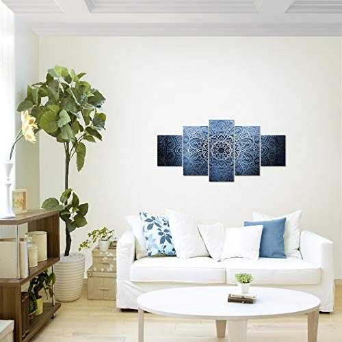 Bilder Mandala Abstrakt Wandbild 150 x 75 cm Vlies - Leinwand Bild XXL Format Wandbilder Wohnzimmer Wohnung Deko Kunstdrucke Blau 5 Teilig - MADE IN GERMANY - Fertig zum Aufhängen 101253b