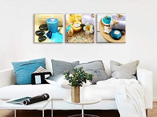 Piy Painting Wandbilder Bilder und Kunstdrucke auf Leinwand Romantische Blauer Sand SPA Kerze Leinwandbild Ölgemälde Home Deko für Romantische Atmosphäre Wohnzimmer Schlafimmer Küche 30x30 cm 3Set