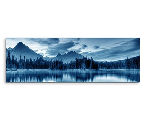 Sinus Art 150x50cm Wandbild - Farbe Blau Petrol Panoramabild Wandbild auf echter Leinwand in sehr hoher Qualität - Sonnenaufgang Spillway Lake Kanada