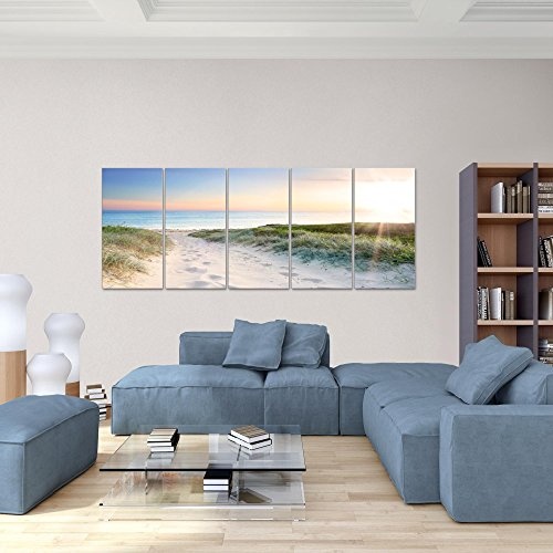 Bilder Strand Meer Wandbild 200 x 80 cm Vlies - Leinwand Bild XXL Format Wandbilder Wohnzimmer Wohnung Deko Kunstdrucke Blau 5 Teilig - MADE IN GERMANY - Fertig zum Aufhängen 607355a