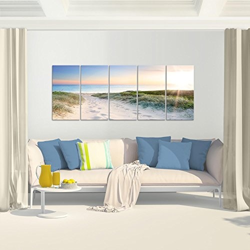 Bilder Strand Meer Wandbild 200 x 80 cm Vlies - Leinwand Bild XXL Format Wandbilder Wohnzimmer Wohnung Deko Kunstdrucke Blau 5 Teilig - MADE IN GERMANY - Fertig zum Aufhängen 607355a