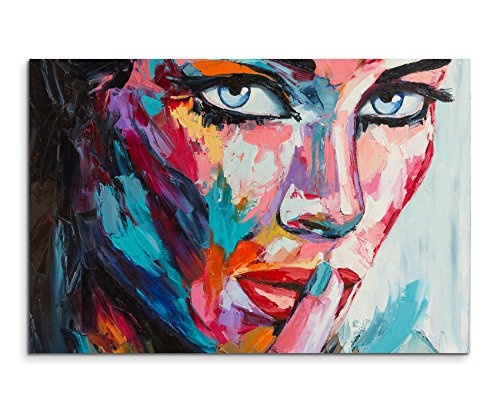 Paul Sinus Art XXL Fotoleinwand 120x80cm Buntes modernes Ölgemälde - Frau mit blauen Augen auf Leinwand exklusives Wandbild moderne Fotografie für ihre Wand in vielen Größen