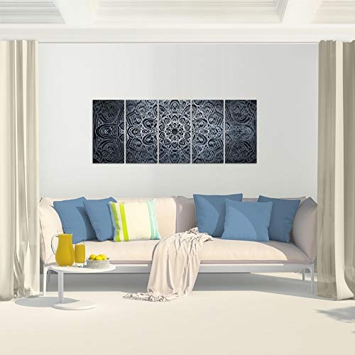 Bilder Mandala Abstrakt Wandbild 150 x 60 cm Vlies - Leinwand Bild XXL Format Wandbilder Wohnzimmer Wohnung Deko Kunstdrucke Blau 5 Teilig - MADE IN GERMANY - Fertig zum Aufhängen 109456c