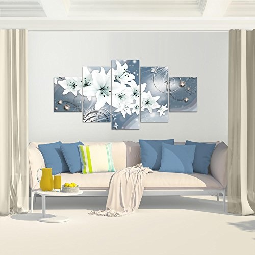 Bilder Blumen Lilien Wandbild 200 x 100 cm Vlies - Leinwand Bild XXL Format Wandbilder Wohnzimmer Wohnung Deko Kunstdrucke Blau 5 Teilig - MADE IN GERMANY - Fertig zum Aufhängen 006351c