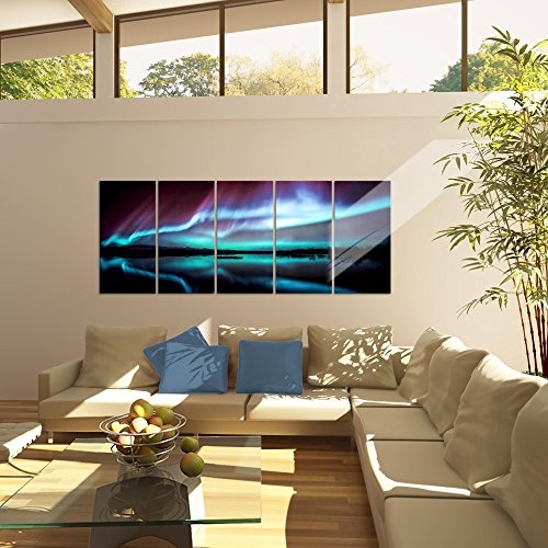 Bilder Polarlicht Wandbild 200 x 80 cm Vlies - Leinwand Bild XXL Format Wandbilder Wohnzimmer Wohnung Deko Kunstdrucke Blau 5 Teilig - MADE IN GERMANY - Fertig zum Aufhängen 609155b