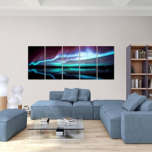 Bilder Polarlicht Wandbild 200 x 80 cm Vlies - Leinwand Bild XXL Format Wandbilder Wohnzimmer Wohnung Deko Kunstdrucke Blau 5 Teilig - MADE IN GERMANY - Fertig zum Aufhängen 609155b
