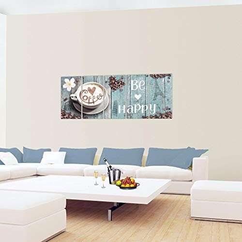Bilder Küche Kaffee Wandbild 150 x 60 cm Vlies - Leinwand Bild XXL Format Wandbilder Wohnzimmer Wohnung Deko Kunstdrucke Blau 5 Teilig - MADE IN GERMANY - Fertig zum Aufhängen 020756c
