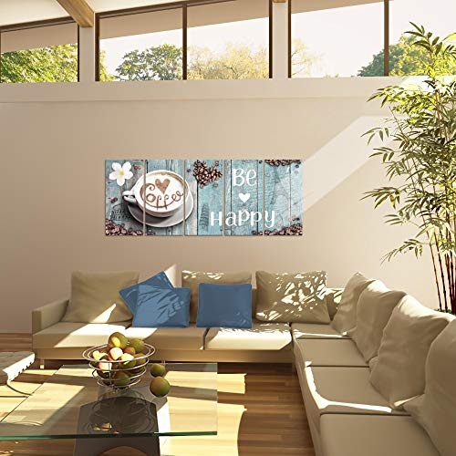 Bilder Küche Kaffee Wandbild 150 x 60 cm Vlies - Leinwand Bild XXL Format Wandbilder Wohnzimmer Wohnung Deko Kunstdrucke Blau 5 Teilig - MADE IN GERMANY - Fertig zum Aufhängen 020756c