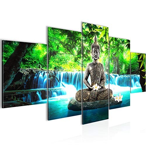 Runa Art Bilder Buddha Wasserfall Wandbild 200 x 100 cm Vlies - Leinwand Bild XXL Format Wandbilder Wohnzimmer Wohnung Deko Kunstdrucke Blau 5 Teilig - Made IN Germany - Fertig zum Aufhängen 503551b
