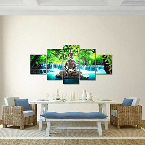 Runa Art Bilder Buddha Wasserfall Wandbild 200 x 100 cm Vlies - Leinwand Bild XXL Format Wandbilder Wohnzimmer Wohnung Deko Kunstdrucke Blau 5 Teilig - Made IN Germany - Fertig zum Aufhängen 503551b