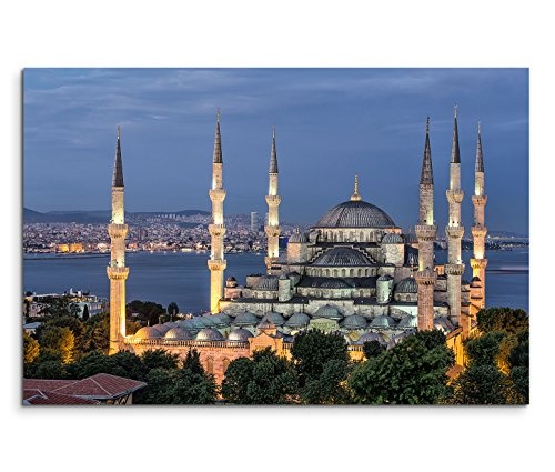 Paul Sinus Art 120x80cm Leinwandbild auf Keilrahmen Istanbul Blaue Moschee Nacht Lichter Wandbild auf Leinwand als Panorama