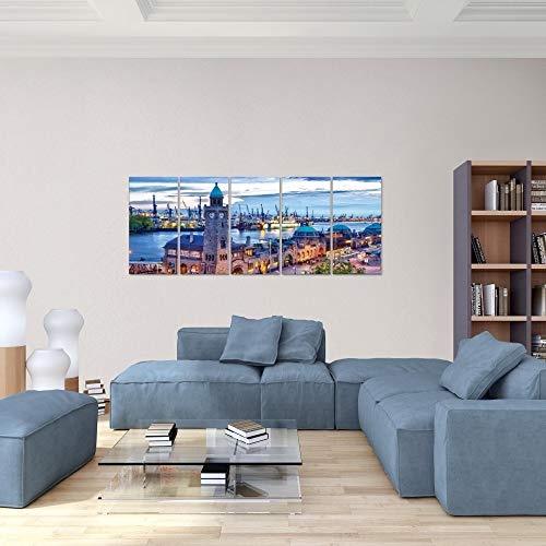 Bilder Stadt Hamburg Wandbild 150 x 60 cm Vlies - Leinwand Bild XXL Format Wandbilder Wohnzimmer Wohnung Deko Kunstdrucke Blau 5 Teilig - MADE IN GERMANY - Fertig zum Aufhängen 603056a