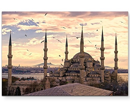 Paul Sinus Art Leinwandbilder | Bilder Leinwand 120x80cm Sonnenuntergang über der Blauen Moschee - Istanbul