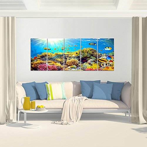 Bilder Unterwasser Korallen Wandbild 200 x 80 cm Vlies - Leinwand Bild XXL Format Wandbilder Wohnzimmer Wohnung Deko Kunstdrucke Blau 5 Teilig - MADE IN GERMANY - Fertig zum Aufhängen 608755a