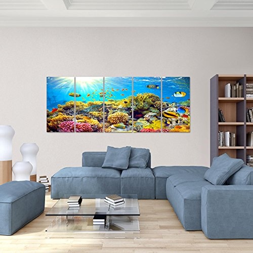 Bilder Unterwasser Korallen Wandbild 200 x 80 cm Vlies - Leinwand Bild XXL Format Wandbilder Wohnzimmer Wohnung Deko Kunstdrucke Blau 5 Teilig - MADE IN GERMANY - Fertig zum Aufhängen 608755a