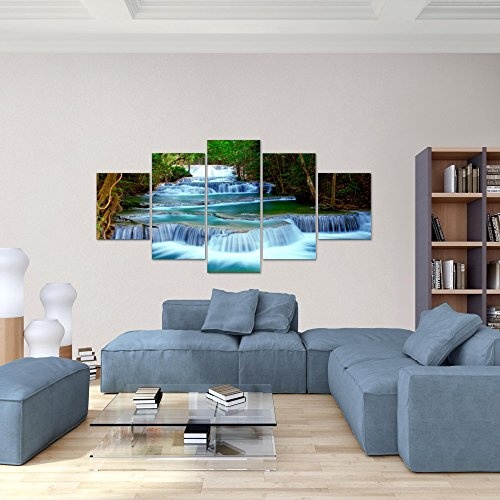 Bilder Wasserfall Landschaft Wandbild 200 x 100 cm Vlies - Leinwand Bild XXL Format Wandbilder Wohnzimmer Wohnung Deko Kunstdrucke Blau 5 Teilig - MADE IN GERMANY - Fertig zum Aufhängen 603551b